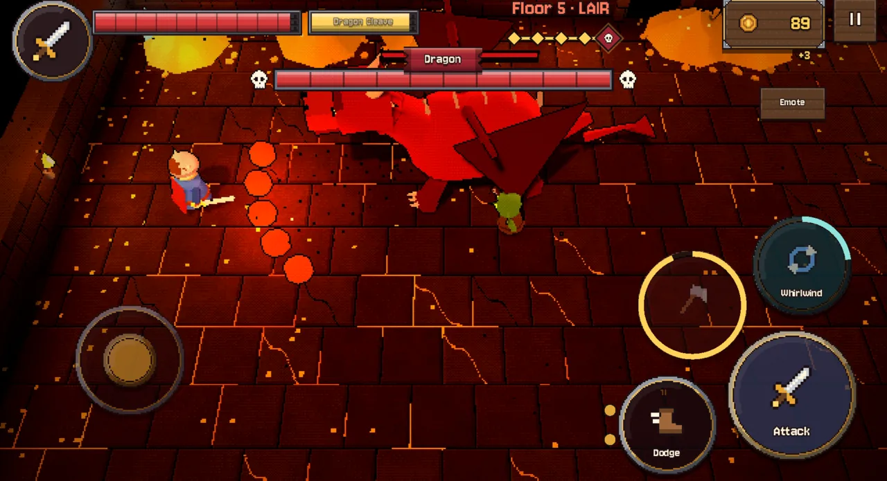The dragon's lair on floor 5: the warrior and a goblin beside the red dragon while a line of fireballs hits the lava-cracked floor, the dragon's health bar on top