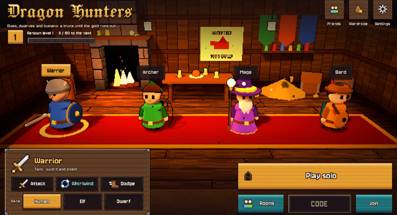 The tavern: four hunters (warrior, archer, mage and bard) by the fireplace, under a wanted poster of the dragon